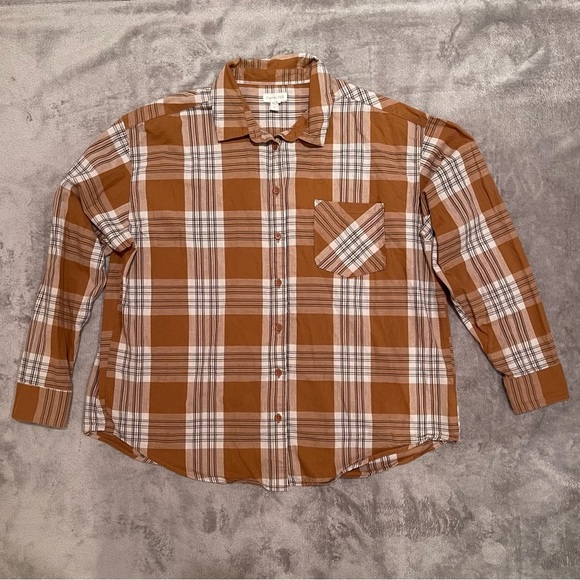 NWOT Garnet Hill Essential Boyfriend Brown Plaid Button Front Shirt - Size 12 - Picture 2 of 12